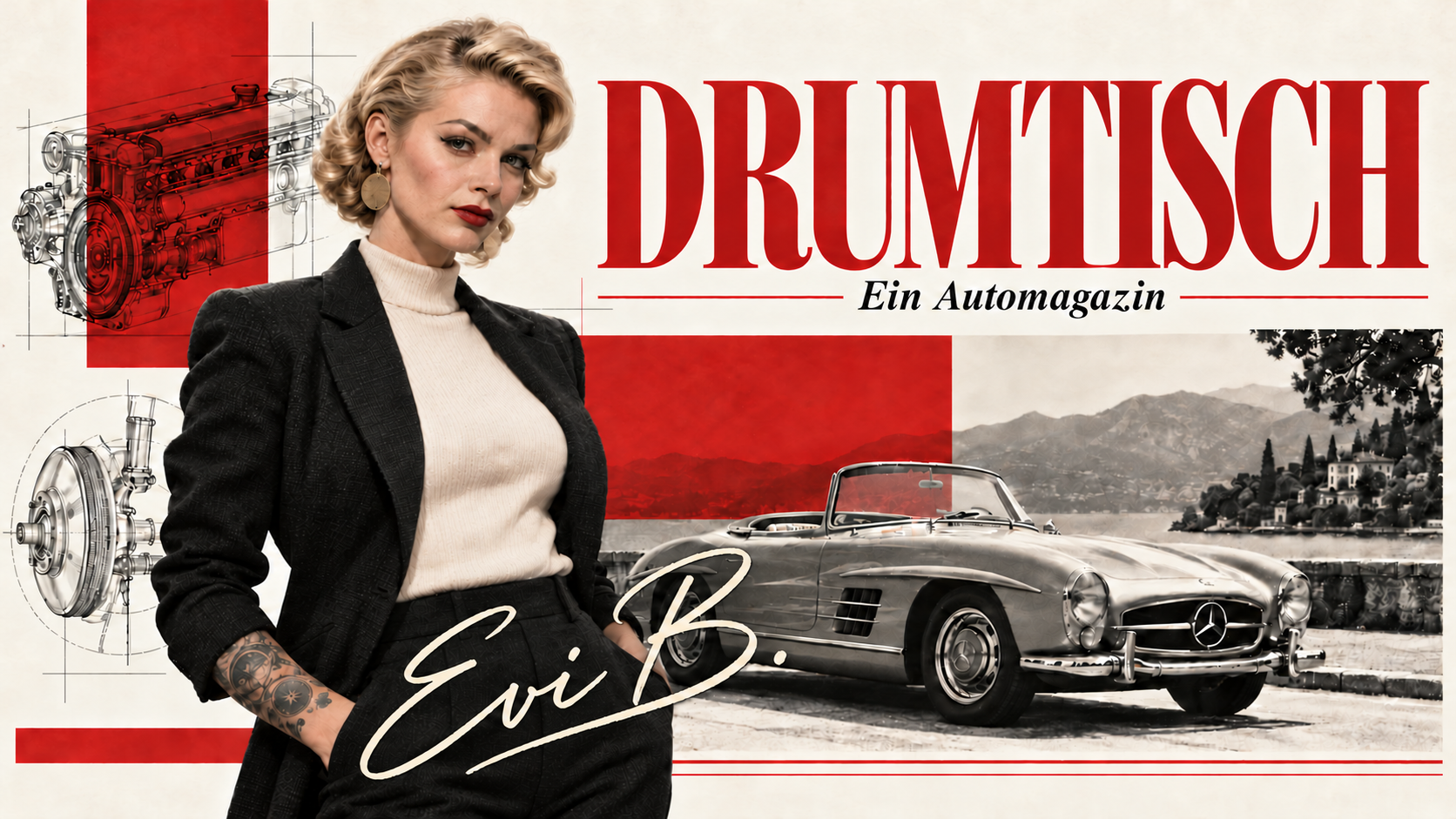 Drumtisch – Ein Automagazin. Evi im Anzug, klassischer Mercedes und technische Zeichnungen als Magazin-Collage.