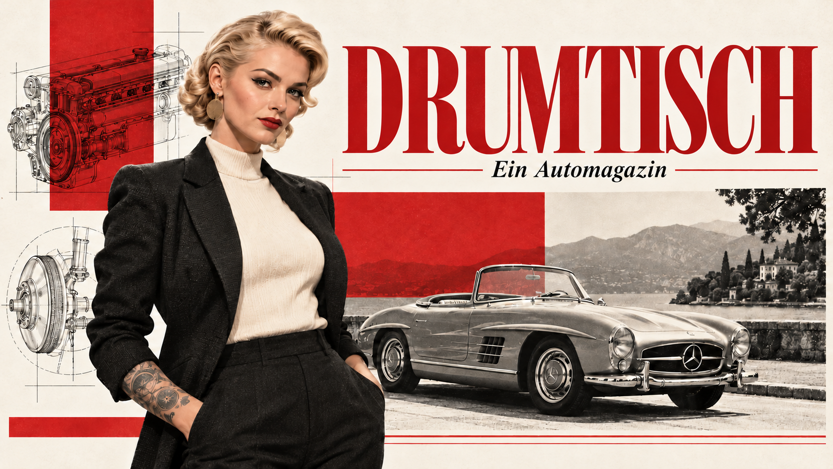 Drumtisch – Ein Automagazin. Evi im Anzug, klassischer Mercedes und technische Zeichnungen als Magazin-Collage.