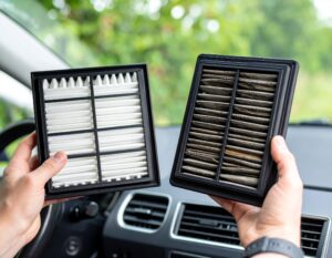 Vergleich eines verschmutzten und eines sauberen Innenraumfilters nebeneinander.