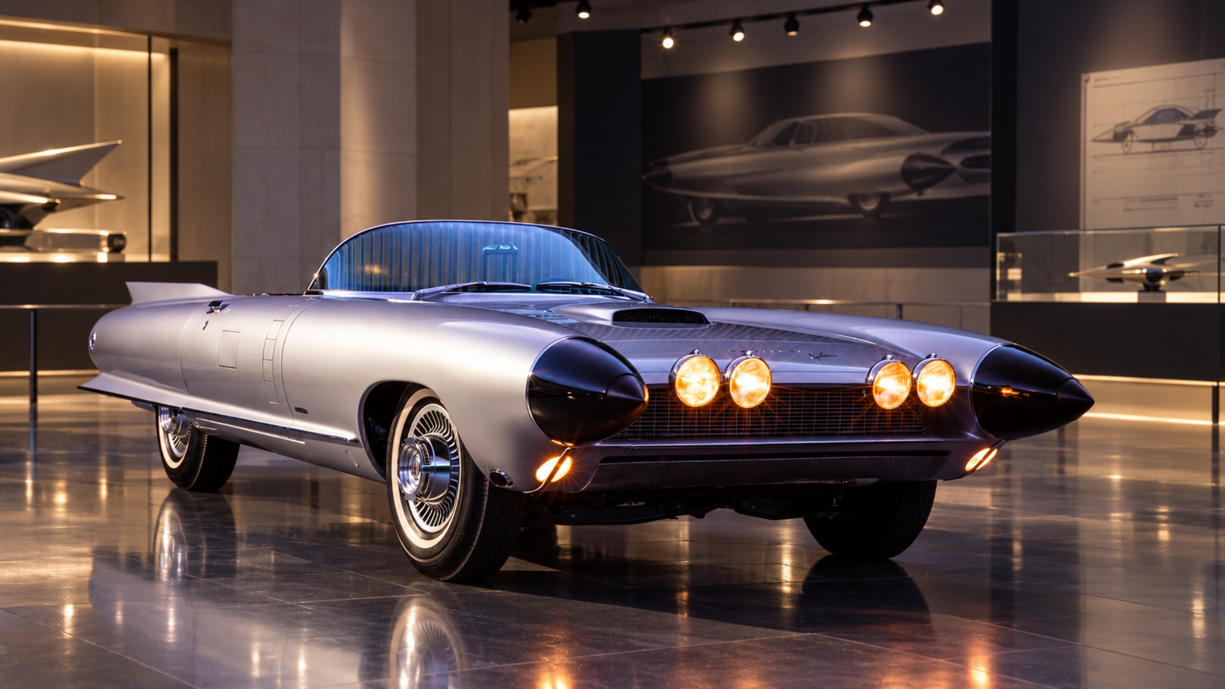 Cadillac Cyclone beleuchtet in einem futuristischen Museumsumfeld